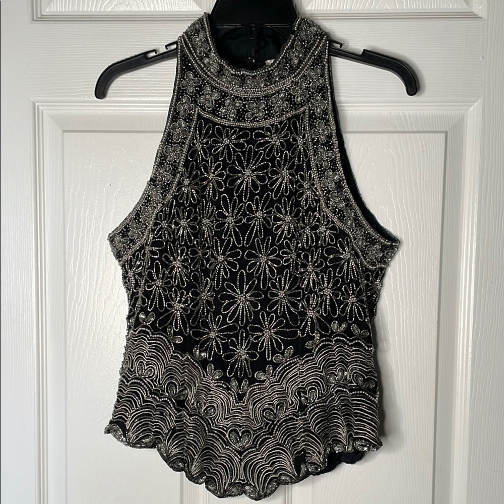 Papell boutique evening 100% silk floral beaded halter neck tan top vintage